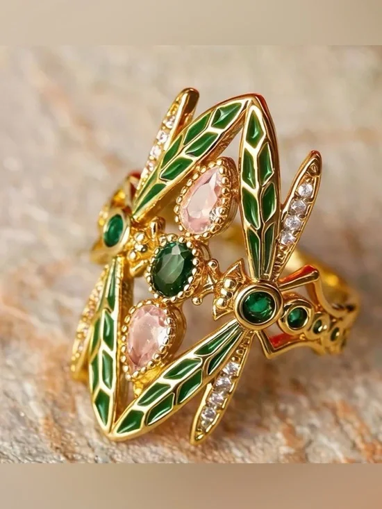 Dragonfly Cocktail Ring with Green Enamel and Blue Stones - Picture 4 of 4